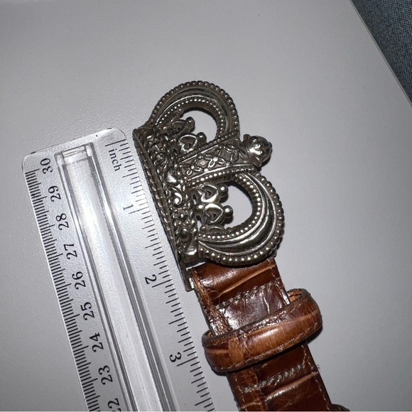 Brighton Vintage Silver Crown Buckle Mock Croc Brown Leather Waist Belt M/L - Picture 15 of 15